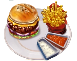 ハンバーガー、フライドポテト、BBQソース、ガーリックソース